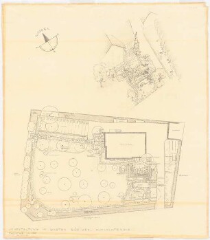 Garten Rüdiger, Berlin-Schlachtensee: Perspektivische Ansicht (Vogelschau) und Lageplan mit Gartenplan 1:100