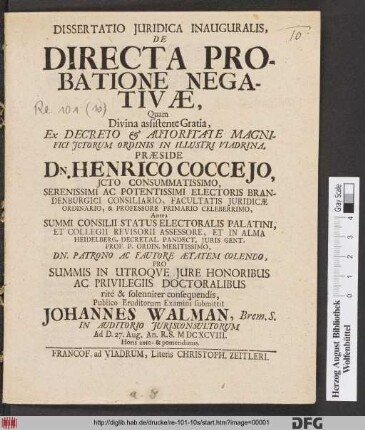 Dissertatio Iuridica Inauguralis, De Directa Probatione Negativae
