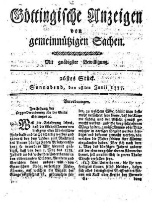 26stes Stück. Sonnabend, den 28ten Junii 1777.