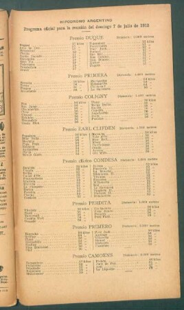 Hipódromo Argentino - Programa oficial para la reunión del domingo 7 de julio de 1912
