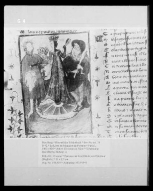 Le Livre de Mutacion de Fortune — Fortuna mit Eur (Glück) und Mesheur (Unglück), Folio 16 verso