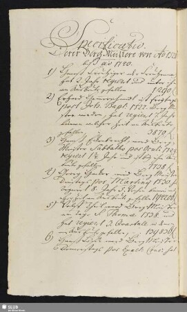 Bl. 26v-29r. Specificatio derer Berg-Meistere von Ao 1520 biß ao 1740