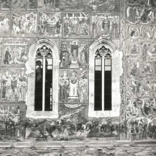 Moldovita, Rumänien. Kloster (1531). Klosterkirche. Ausschnitt aus der Südfassade. Fresken 1537