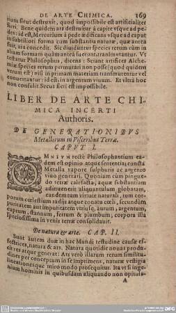 LIBER DE ARTE CHIMICA INCERTI Authoris. DE GENERATIONIBUS Metallorum im Visceribus Terrae.