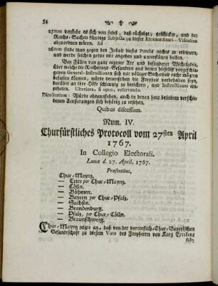 Num. IV. Churfürstliches Protocoll vom 27sten April 1767.