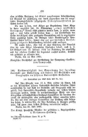 Nothwendigkeit der Erwerbung der facultas docendi zur Anstellung als Lehrer für Geschichte und Geographie an höheren Unterrichts-Anstalten : [III. Gymnasien und Realschulen]