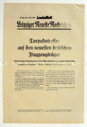 Sonderblatt der "Leipziger Neuesten Nachrichten" zur Bombardierung eines britischen Flugzeugträgers