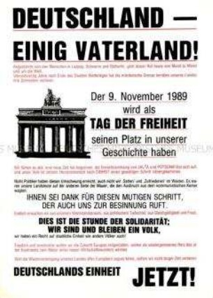 Flugblatt der "Friedensaktion Wiedervereinigung" welches die deutsche Einheit fordert