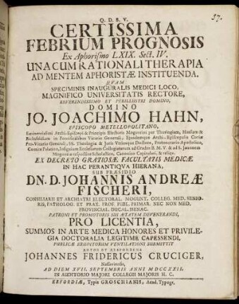 Certissima Febrium Prognosis : Ex Aphorismo LXIX. Sect. IV. Una Cum Rationali Therapia Ad Mentem Aphoristae Instituenda