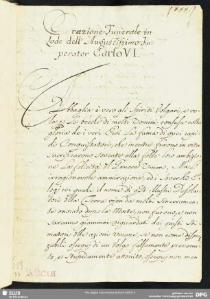 [Text:] Orazione funerale in lode dellʼaugustissimo imperator Carlo VI.