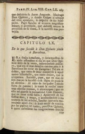 Capitulo LX. De lo que sucediò à Don Quixote yèndo à Barcelona