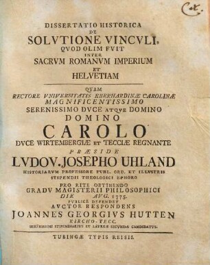 Dissertatio Historica De Solutione Vincvli, Qvod Olim Fvit Inter Sacrvm Romanvm Imperium et Helvetiam