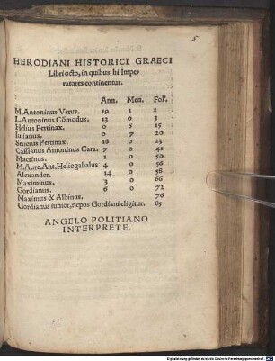 Herodiani Historici Graeci Libri octo : in quibus hi Imperatores continentur ... M. Antoninus Verus ... L. Antoninus Co[m]modus ... Helius Pertinax ...