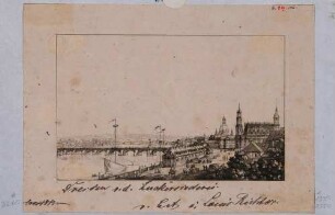 Stadtansicht von Dresden, Blick von Calberlas Zuckersiederei nach Osten auf die Neustadt links, die Elbe, die Augustusbrücke und die Altstadt rechts, aus den "30 Mahlerischen An- und Aussichten von Dresden"