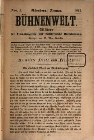 Bühnenwelt : Blätter für dramaturgische und belletristische Unterhaltung. 1843, 1843