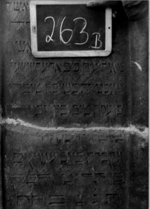 Grabstein 263 (Index: 100112086) Material: Sandstein Zustand: quer gebrochen und repariert mit Textverlust Maße HxBxT: 163x62x18 cm Beschreibung: Stele, Sockel, Abdeckplatte mit Konvexbogenaufsatz mit Eckakroteren, rechteckiges Schriftfeld eingetieft Symbolik: Blüte: Grabstein 263B