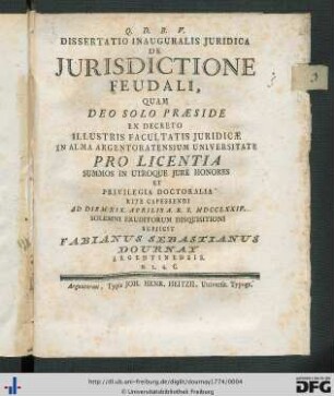 Dissertatio Inauguralis Juridica De Jurisdictione Feudali