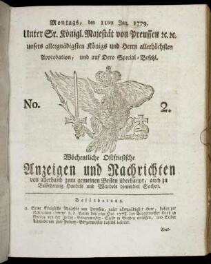 No. 2. Montags, den 11ten Jan. 1779.
