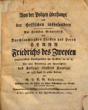 Von der Polizey überhaupt und der Hessischen insbesondere