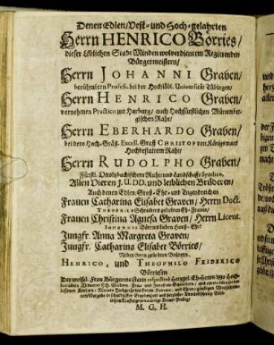 Denen Edlen/ [...] Herrn Henrico Borries/ [...] Herrn Johanni Graben/ [...] Herrn Henrico Graben/ [...]