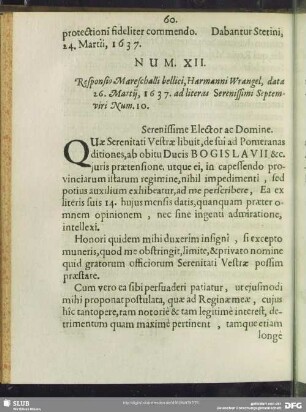 Num. XII. Responsio Mareschalli bellici, Harmanni Wrangel, data 26. Martij, 1637. ad literas Serenissimi Septemviri Num. 10