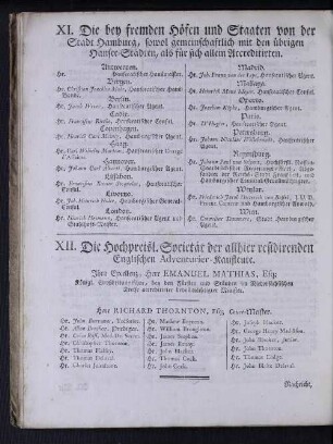XI. Die bey fremden Höfen und Staaten von der Stadt Hamburg, sowol gemeinschaftlich mit den übrigen Hansee-Städten, als für sich allein Accreditirten.