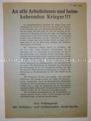 Aufruf des Vollzugsrats der Arbeiter- und Soldatenräte an die Arbeitslosen und heimkehrenden Kriegsteilnehmer