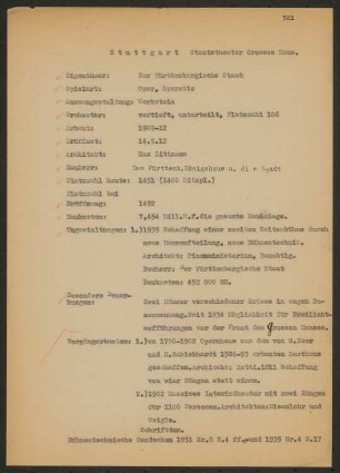 Königliches Hoftheater großes Haus, Stuttgart: Schriftstück zum Fragebogen für das Handbuch »Das Deutsche Theater«, zwei Seiten