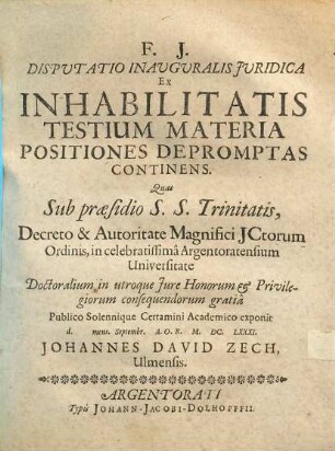 Disputatio Inauguralis Iuridica Ex Inhabilitatis Testium Materia Positiones Depromptas Continens