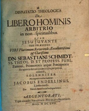 Disp. theol. de libero hominis arbitrio in non-spiritualibus