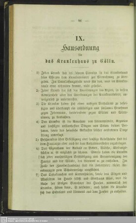 IX. Hausordnung für das Krankenhaus zu Cölln