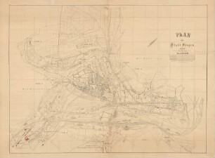 Plan der Stadt Siegen 1885, Wasserversorgung des Stadtnetzes, kolorierung von Gebäuden im Bereich der Vorstädte Sieghütte und Hammerhütte
