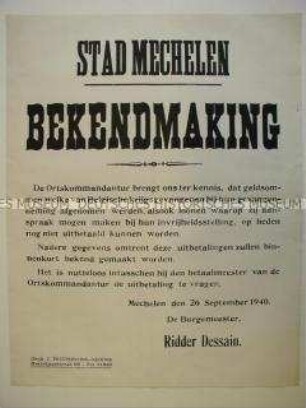Maueranschlag aus dem besetzten Belgien zur Abnahme des Geldes von belgischen Kriegsgefangenen