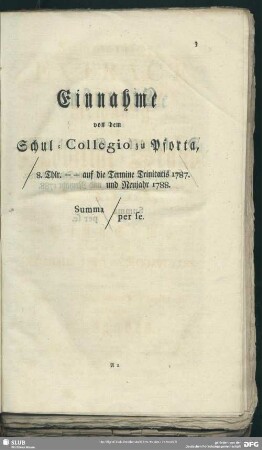 Einnahme von dem Schul-Collegio zu Pforta