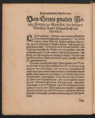 Folget jetzt berürts Ausschreiben. Von gottes gnaden Moritz Hertzog zu Sachssen ...