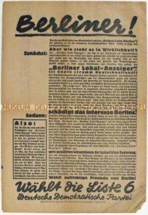 Sonderdruck der DDP zur Reichstagswahl 1928 mit Ausrichtung auf Berlin
