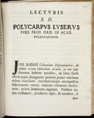 Lecturis S. D. Polycarpus Leyserus Poes. Prof. Ord. In Acad. Helmstadiensi