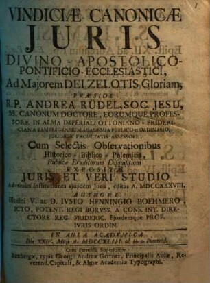 Vindiciae Canonicae Juris Divino-Apostolico-Pontificio-Ecclesiastici...