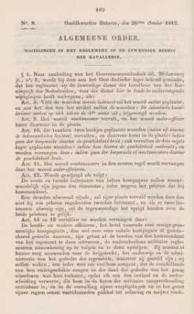 Algemeene order. Wijzigingen in het reglement op de inwendige dienst der Kavallerie