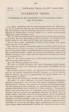 Algemeene order. Wijzigingen in het reglement op de inwendige dienst der Kavallerie