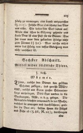 Sechster Abschnitt. Mittel wider schädliche Thiere. §. 108 - 115.