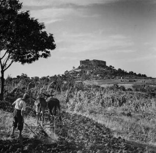 Reisebilder. Landschaft mit Castello di Lagopesole. Im Vordergrund ein pflügender Bauer