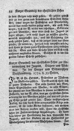 Kurzer Grundriß der christlichen Lehre zur Unterweisung der Jugend.