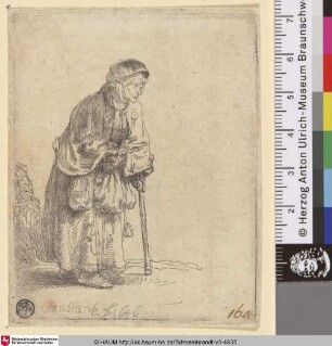[Auf einen Stock gelehnte, alte Bettlerin; Beggar Woman Leaning on a Stick; Vieille mendiante]