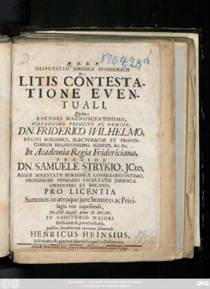 Disputatio Juridica Inauguralis De Litis Contestatione Eventuali