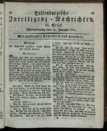 III. Stück. Sonnabends den 18. Januar 1800.