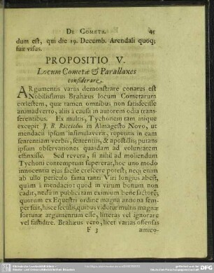 Propositio V. Locum Cometae & Parallaxes considerare