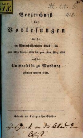 Verzeichnis der Vorlesungen. 1824/25. WH.