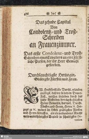 Das zehnde Capitul. Von Condolentz- und Trost-Schreiben an Frauenzimmer