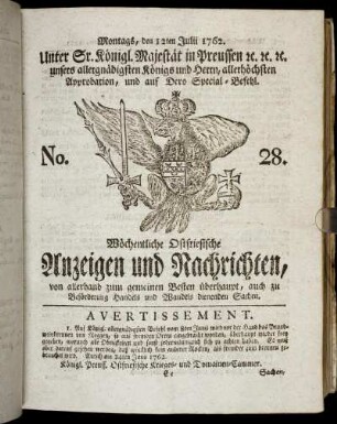 No. 28. Montags, den 12ten Julii 1762.